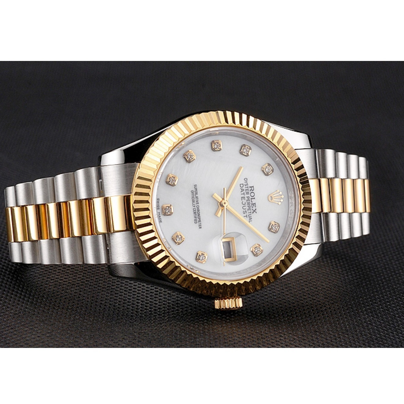 Good copy rolex watches Swiss Bracelet Marks Diamond Stainless Hour White Two Dial Tone Case Rolex Bezel Datejust Steel Gold 0729